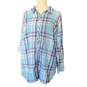 Talbots Plaid Button Front Top 2X Blue Americana Gauzy Fourth of July Cotton